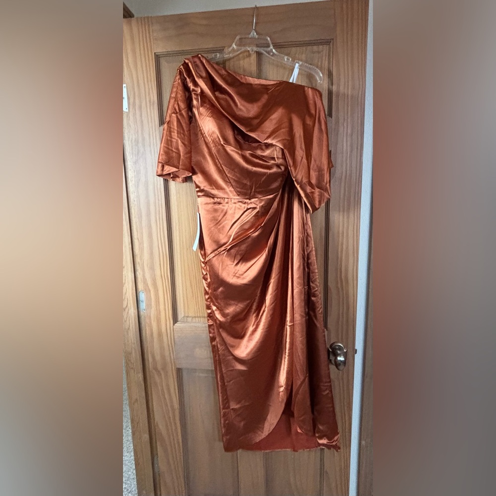 Formal Dress with Slit One Shoulder, long, satin, Burnt Orange, 16W.